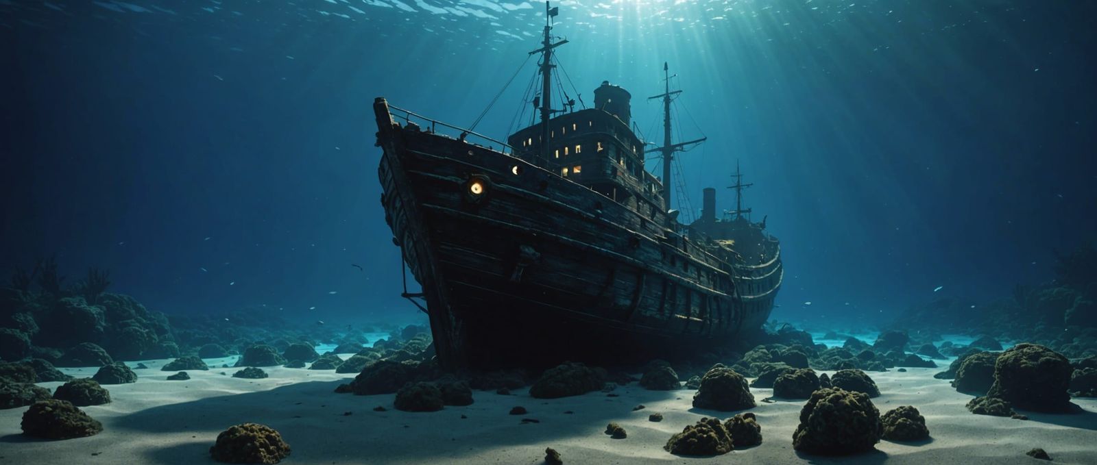 Murky, deep underwater 4k photo of a shipwreck on the ocean floor. Sun's rays illuminating as a bioluminescent deep dark...