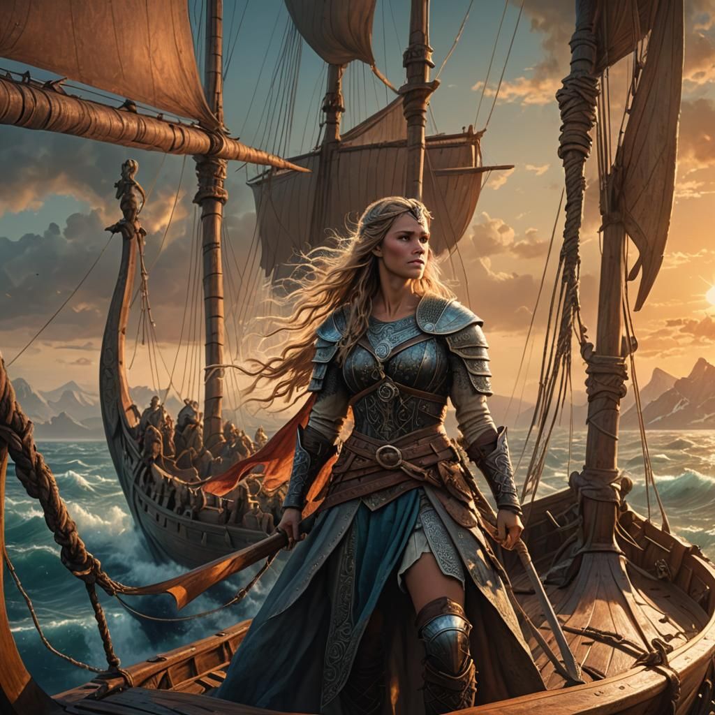 Viking Woman on Ship at Sunset: Fantasy Art
