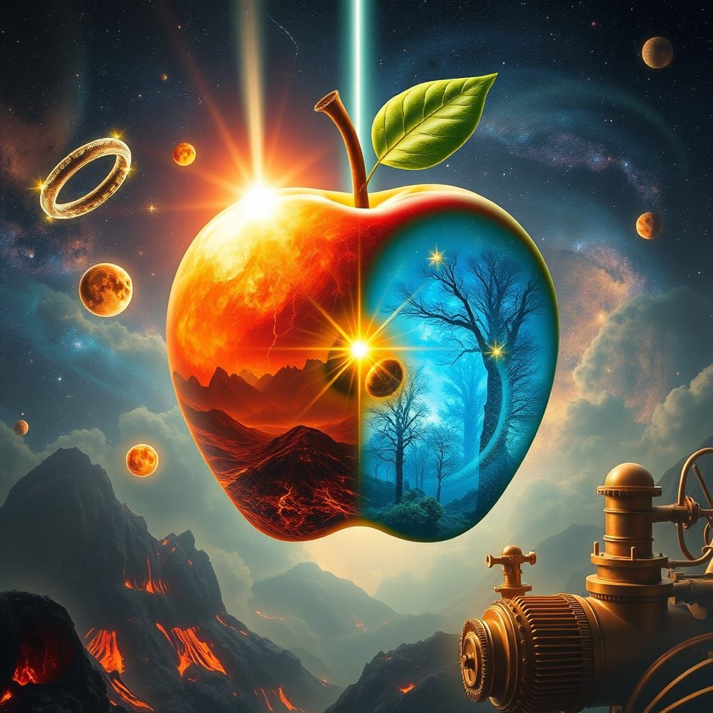 Cosmic Apple: Celestial Dichotomy in Ethereal Beauty