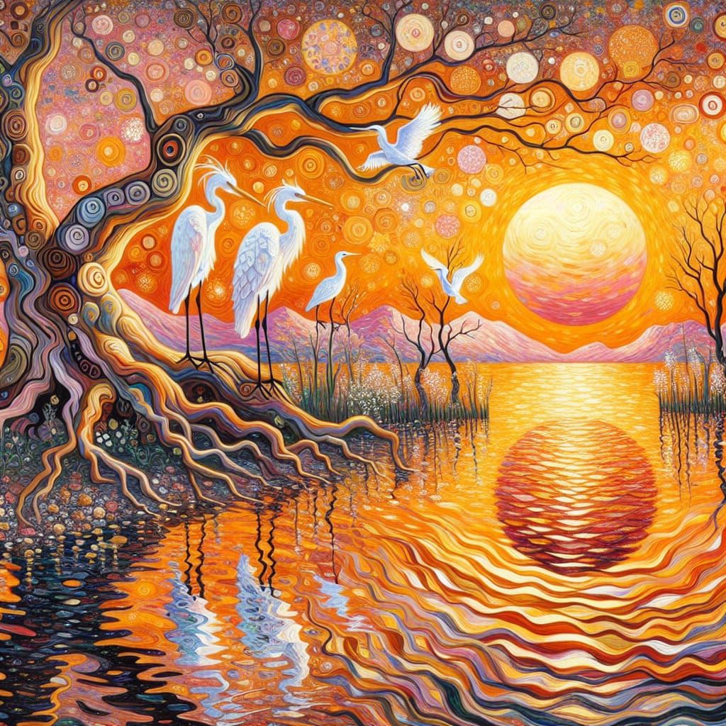 Egrets in Orange Sunset, Impasto Painting