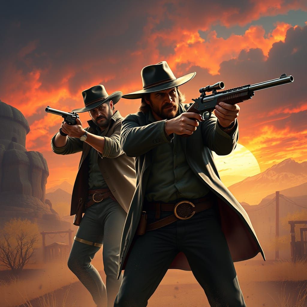 Epic Western Duel in Vibrant Fantasy Landscapes