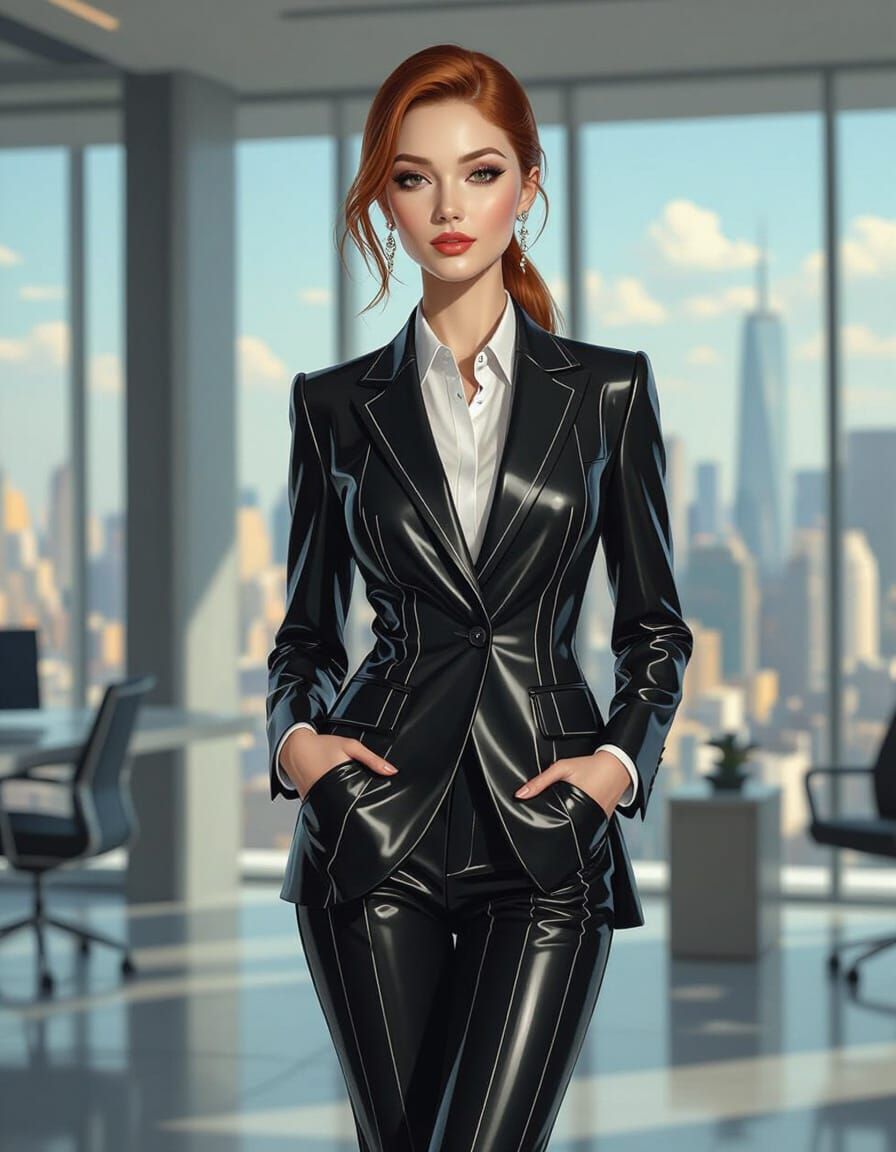 Woman in Latex Suit in City Office, Illustrative Style