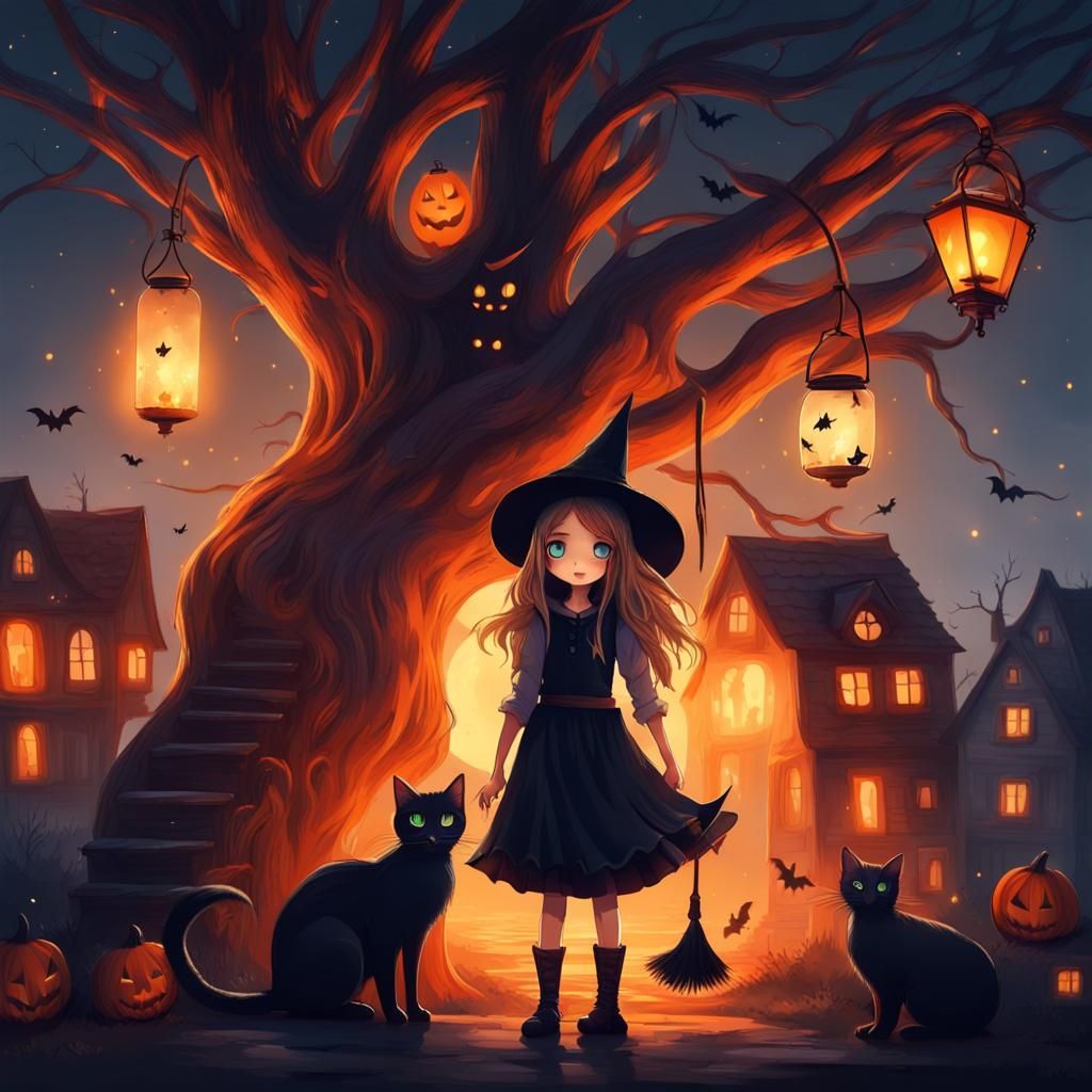 Cute Witch Girl and Cat in Spooky Village