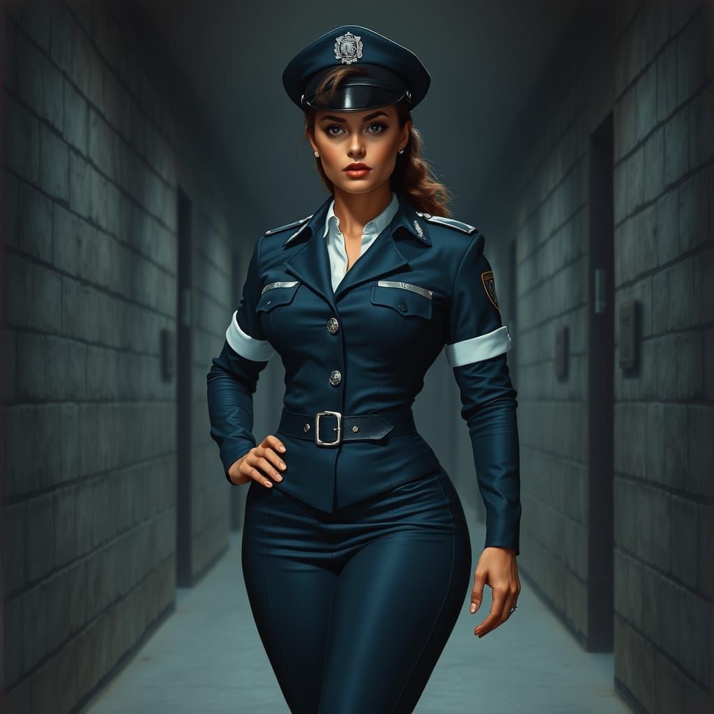 Confident Female Prison Guard in Dark, Gritty Setting