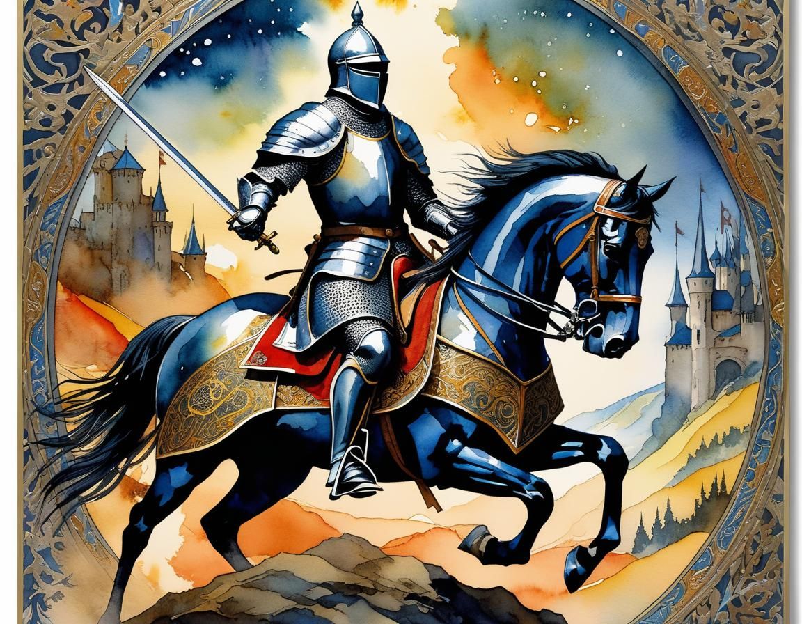Medieval Knight on Horseback in Watercolor Style