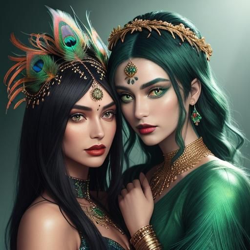 Golden Woman with Peacock Feathers in Digital Painting