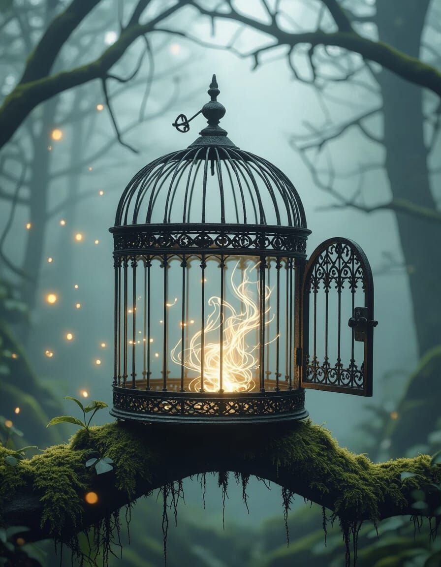 Victorian Birdcage in Misty Forest, Ethereal Wisps