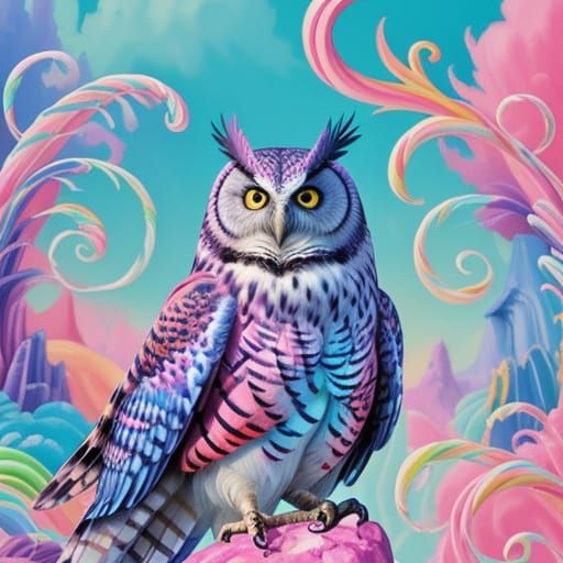 Detailed Gouache Owl in Vibrant Candyland Wonderland