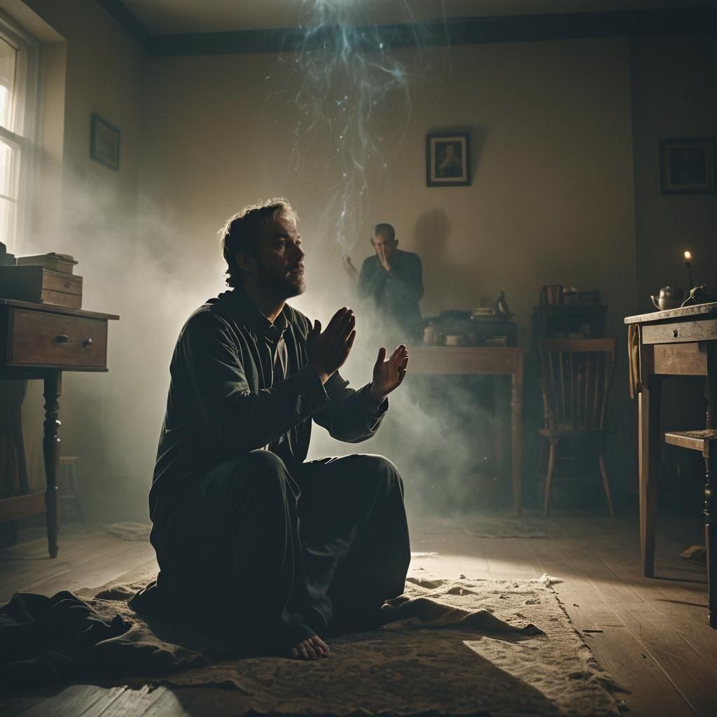 Man Praying in Dark Room During Poltergeist
