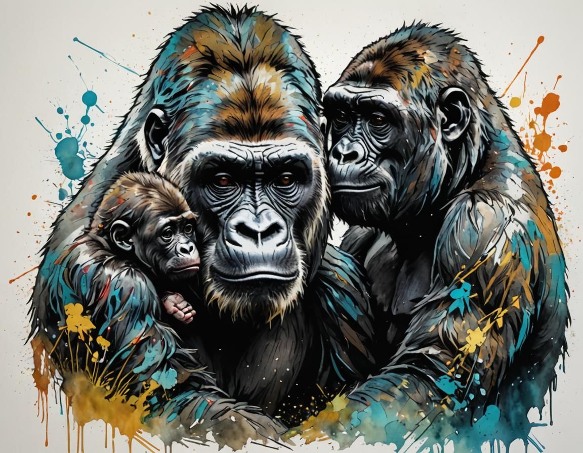 Gorilla Motherhood: Abstract Hand-Drawn Art