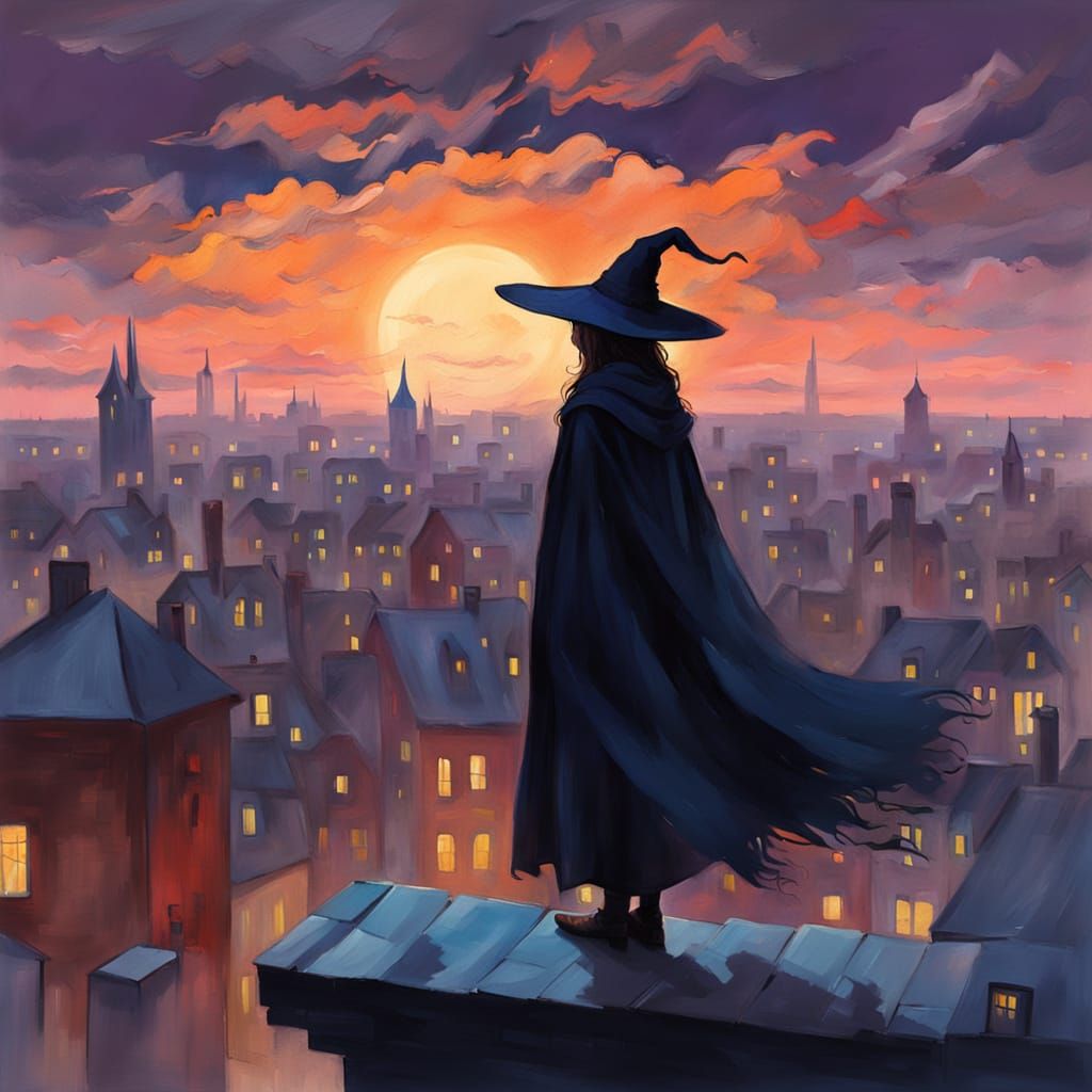 Witch Overlooking Ethereal City at Twilight