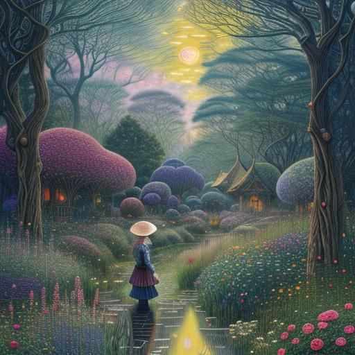 Sunset Hybrid Woman in Magical Network, Art Nouveau