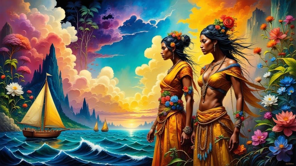 Polynesian Sailors Navigate South Seas in Fantasy Realism