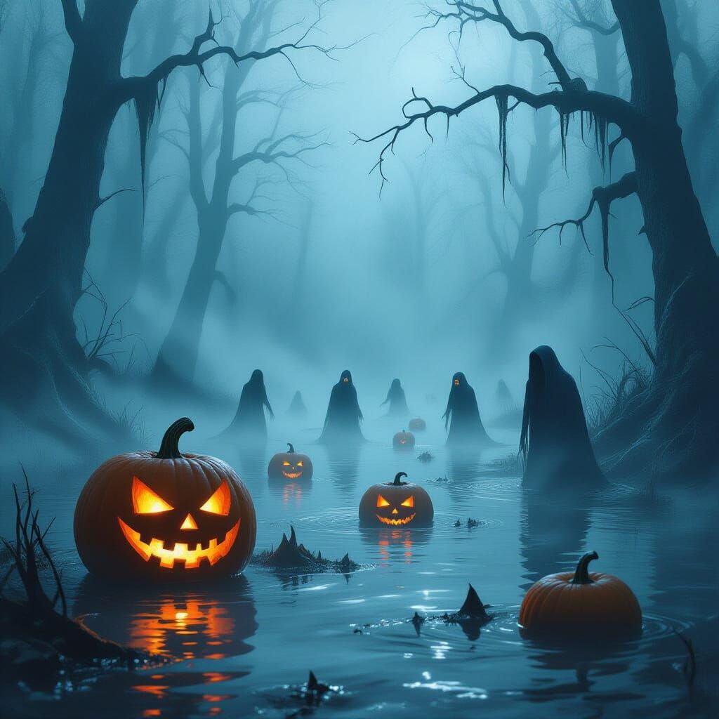 Eerie Swamp Scene: Glowing Pumpkins and Ghostly Figures