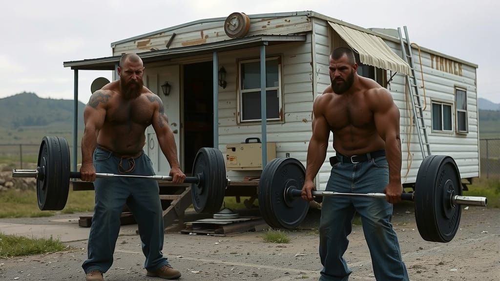 Gritty Powerlifters at Trailer Home in Hyper-Realistic Style