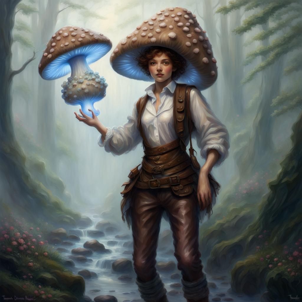 Mushroom Humanoid Traveler in Ethereal Fantasy Style