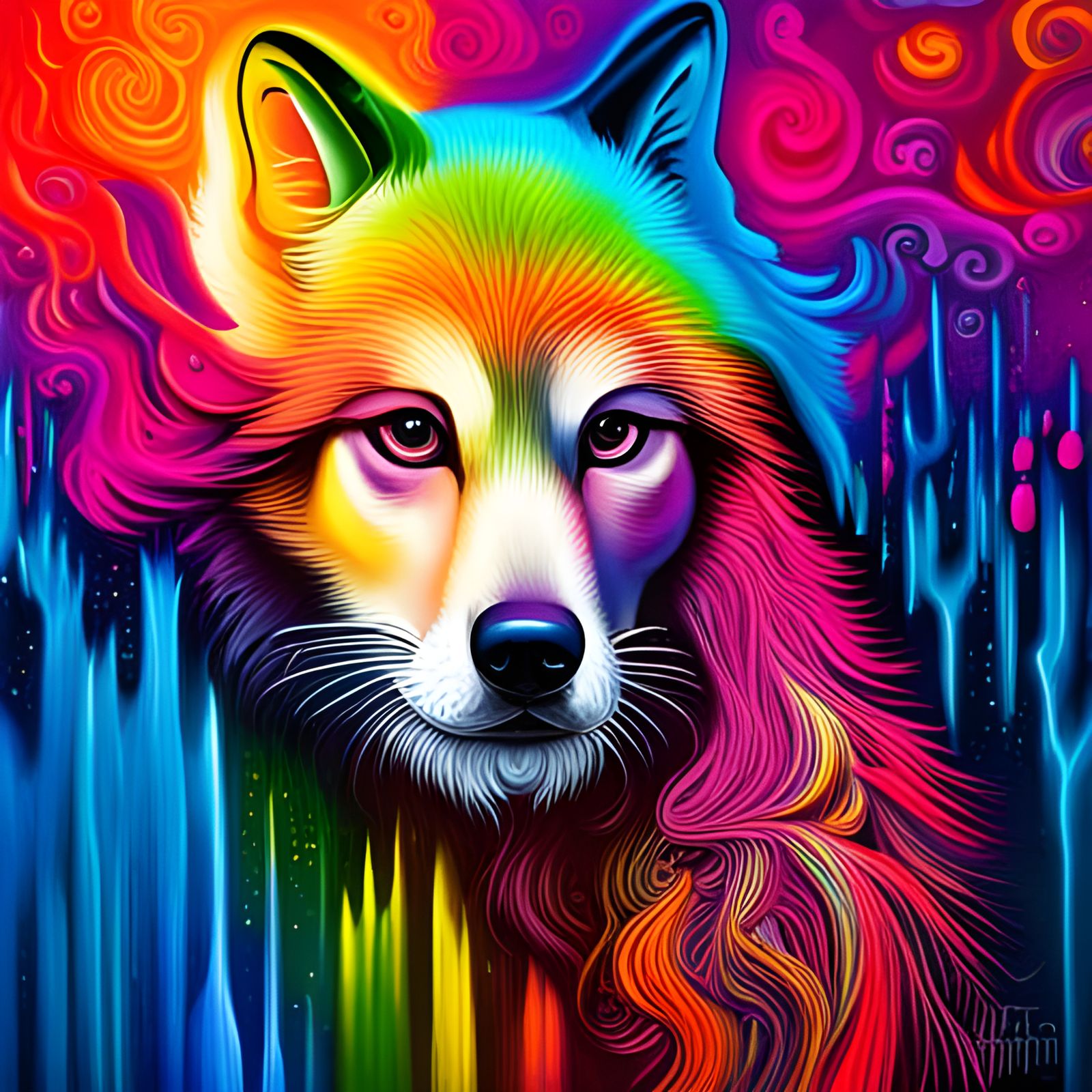 Rainbow Wolf Graffiti Art in Lisa Frank Style