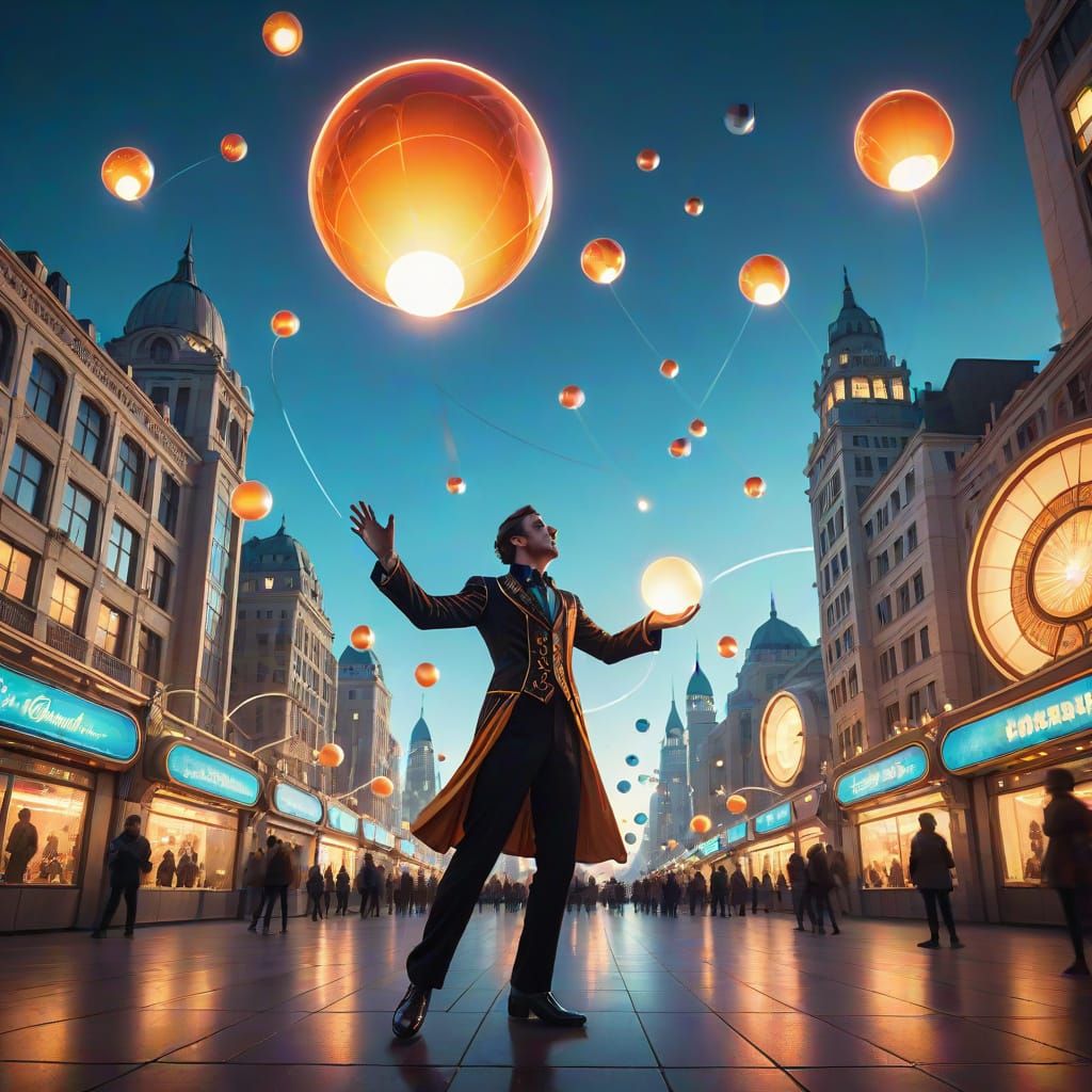 Street Performer Juggles Orbs in Retro-Futuristic City Squar...