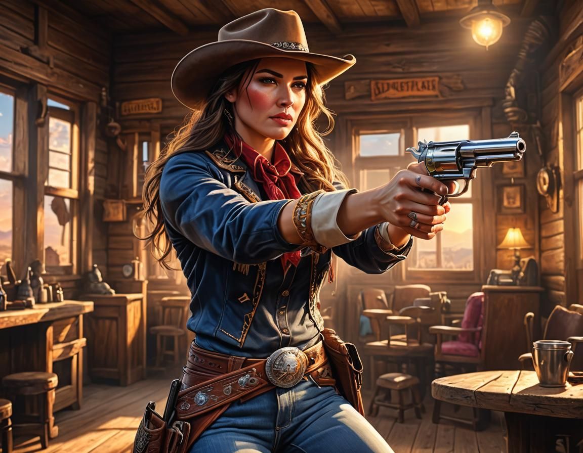 Cowgirl Aims Pistol in Saloon Duel