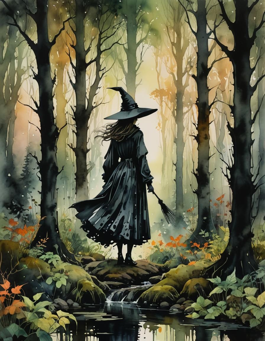 Enchanted Forest Witch in Whimsical Watercolor Style