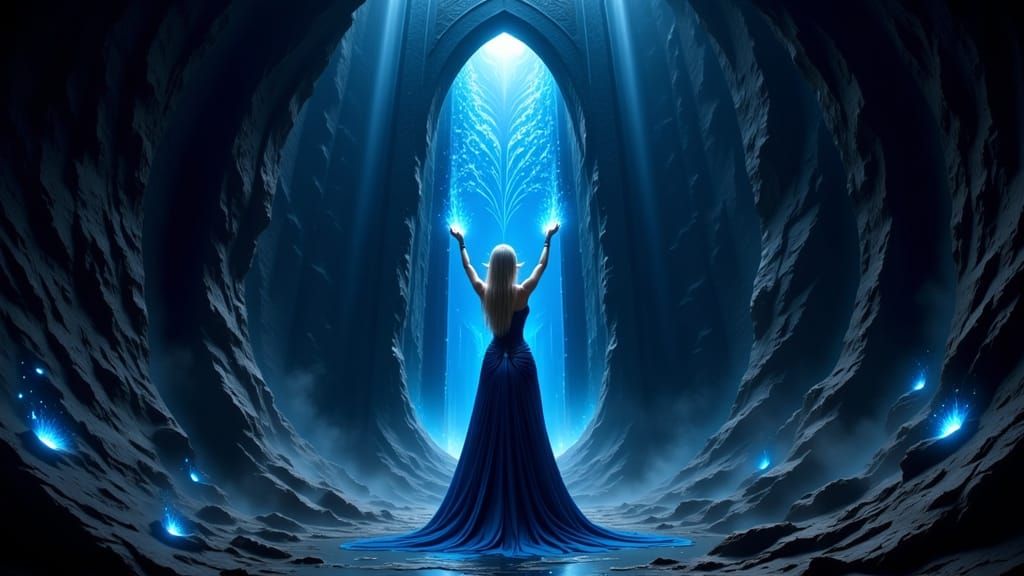 Elf Sorceress Opens Portal in Canyon