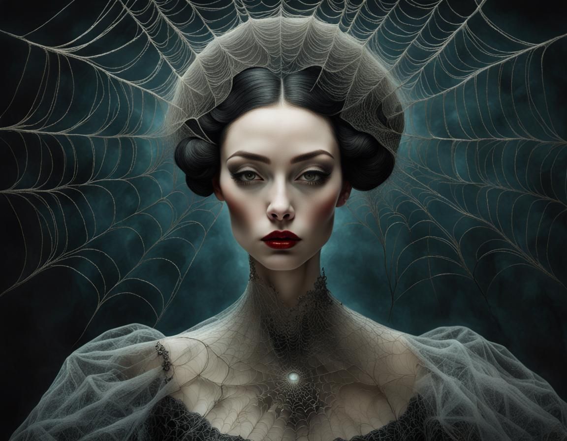 Surreal Spiderweb Gown Portrait in Airbrush Style