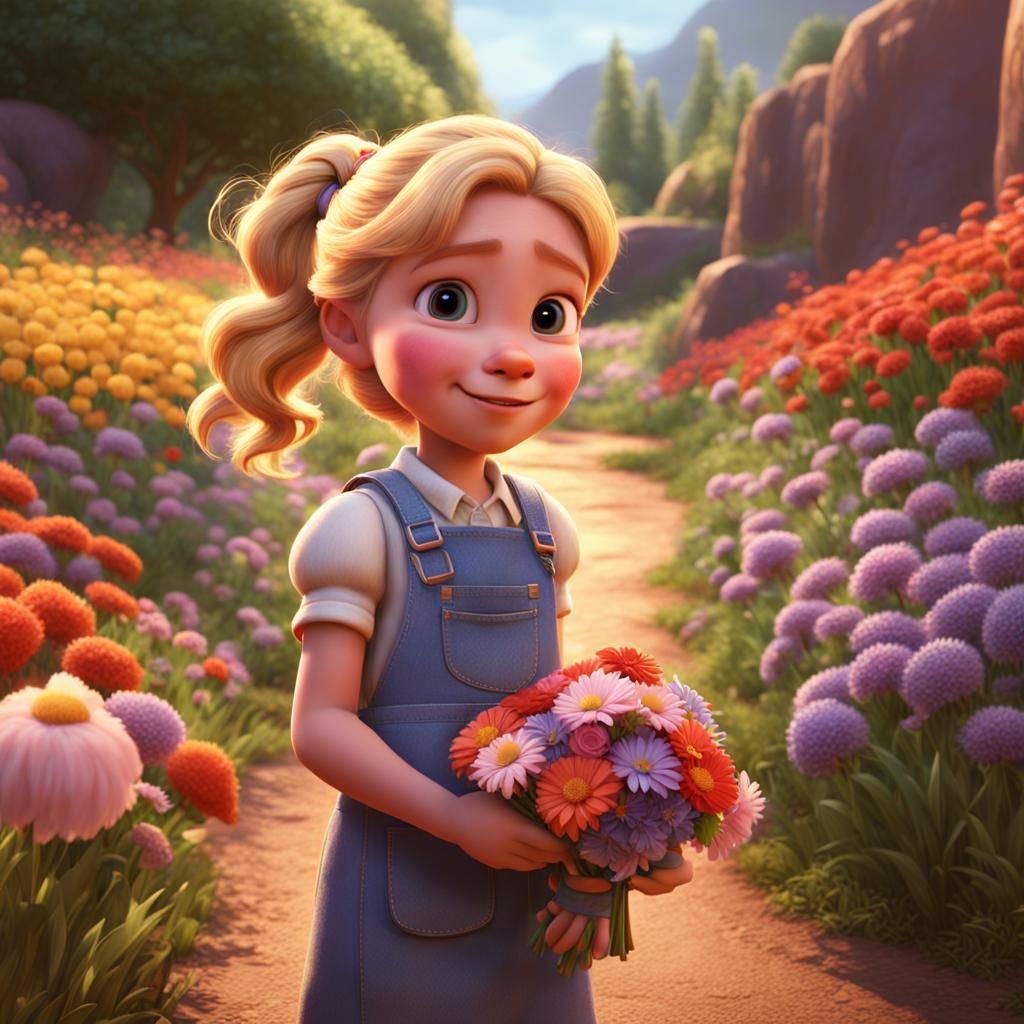 Pixar, Disney, concept art, 3d digital art, little girl blonde wavy hair pulled up in ponytails faced forward on a dirt ...