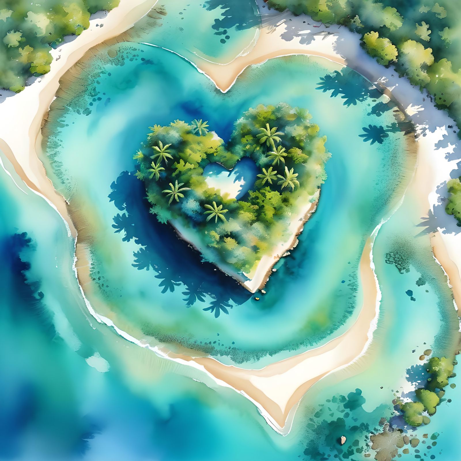 Heart-Shaped Island in Watercolor Bird's-Eye View