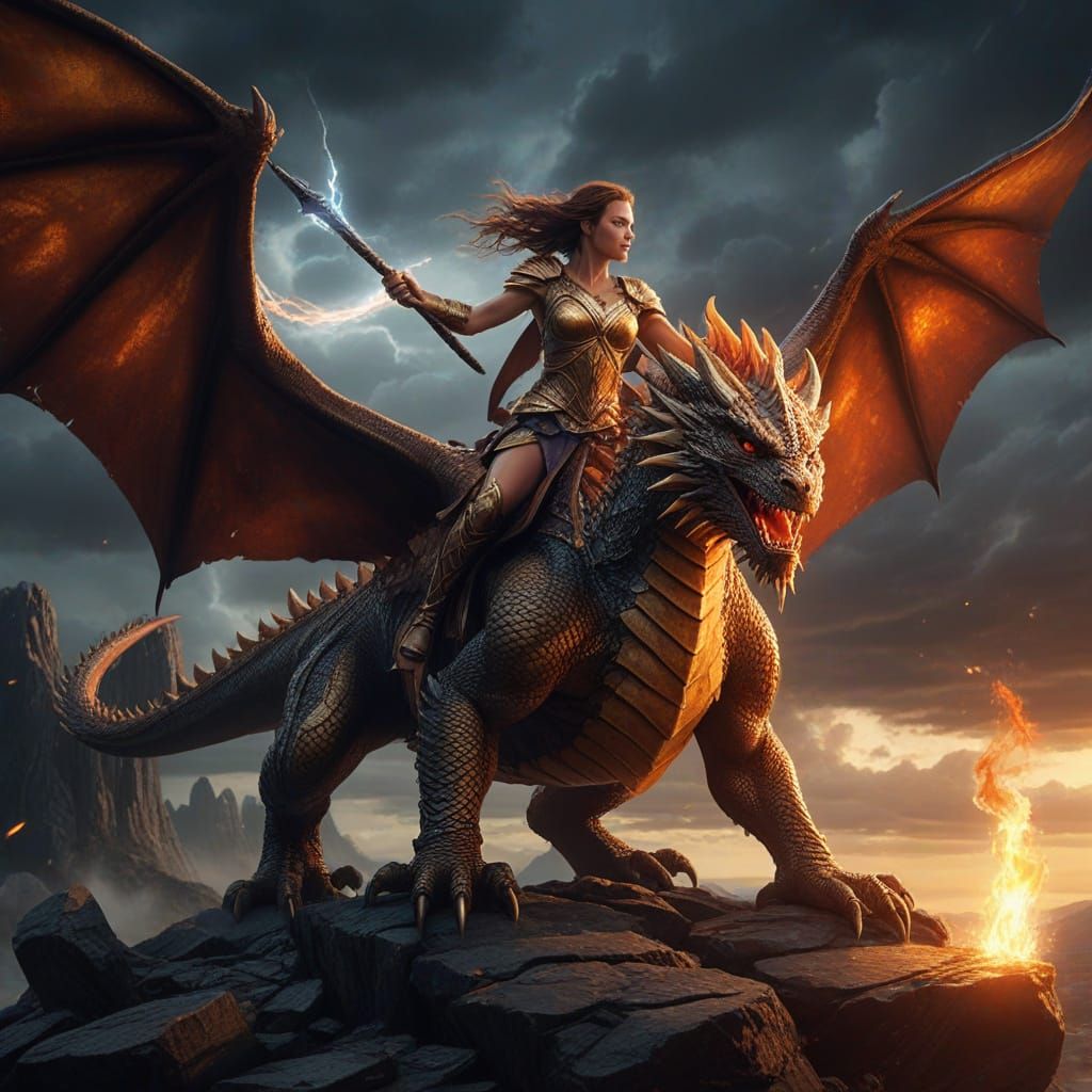 Epic Fantasy Warrior Princess Riding Fire-Breathing Dragon i...