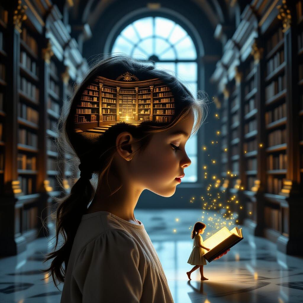 Contemplative Girl with Library Mindscape