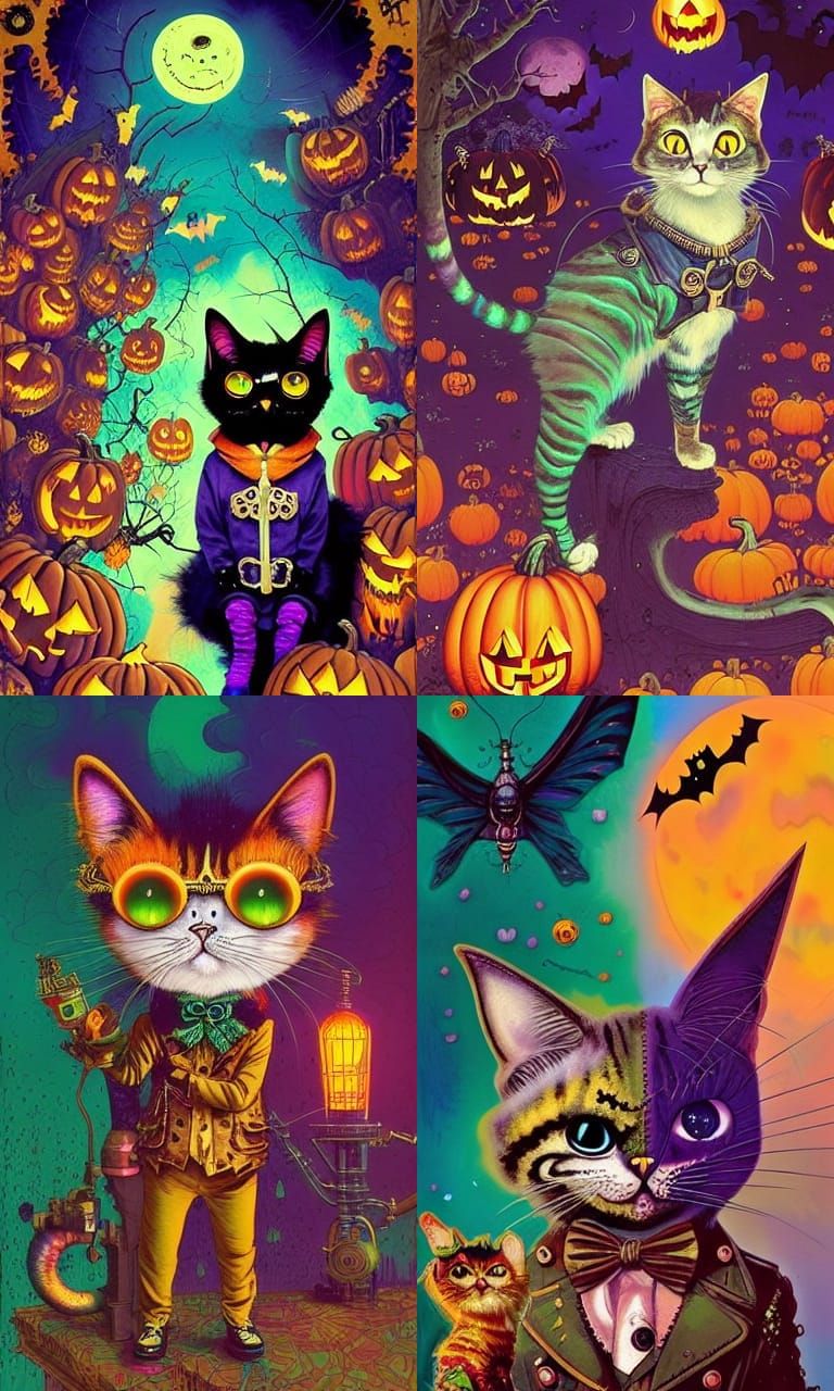 Steampunk Halloween Cat in Lisa Frank Art Style