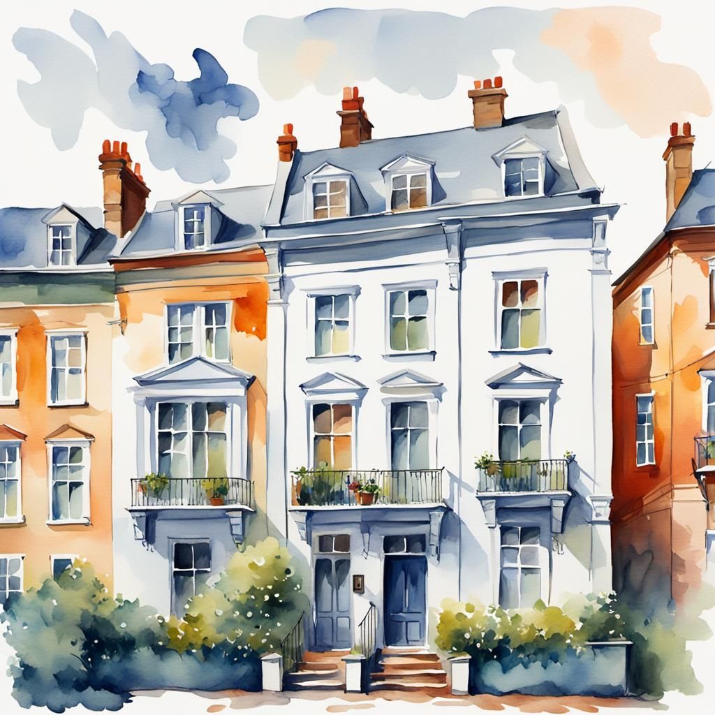 Georgian Townhouse Watercolor in Gouache Style