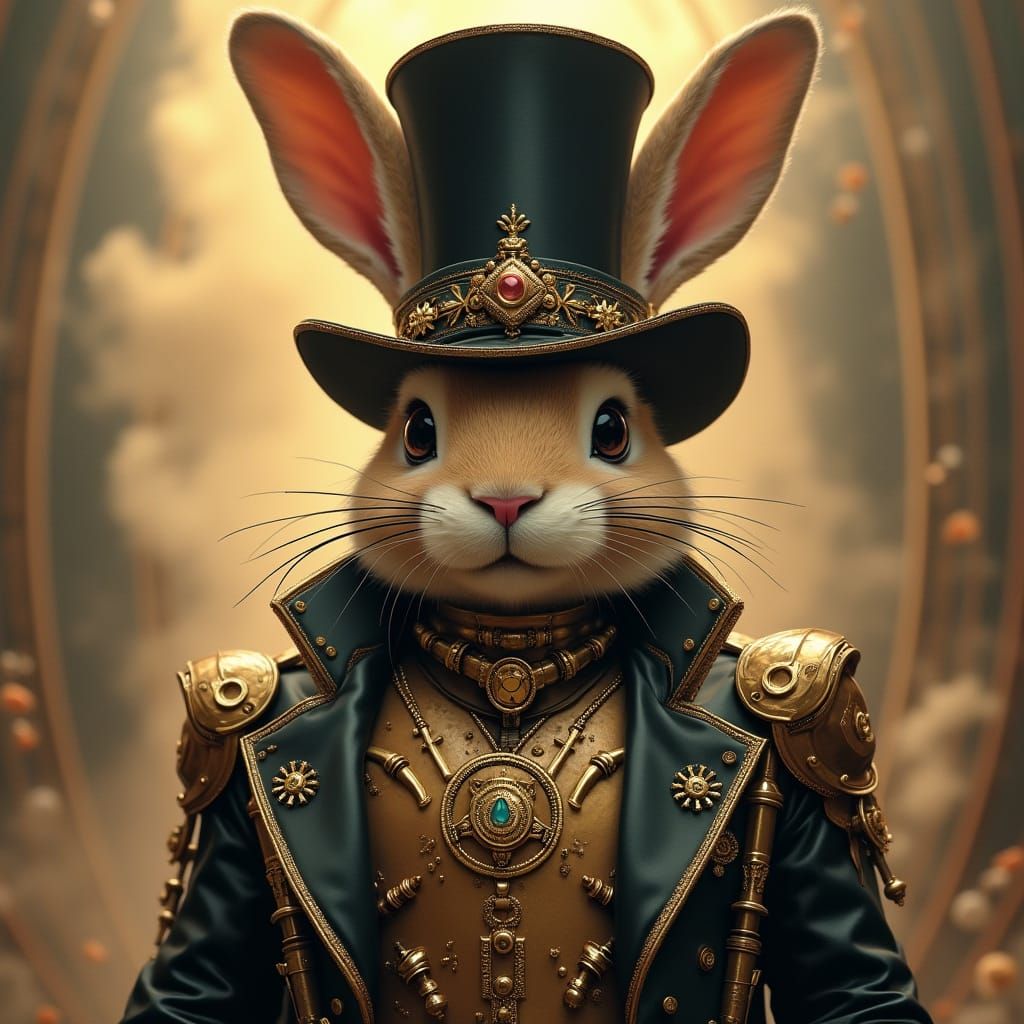 Regal Steampunk Easter Bunny in Brass Exosuit with Top Hat