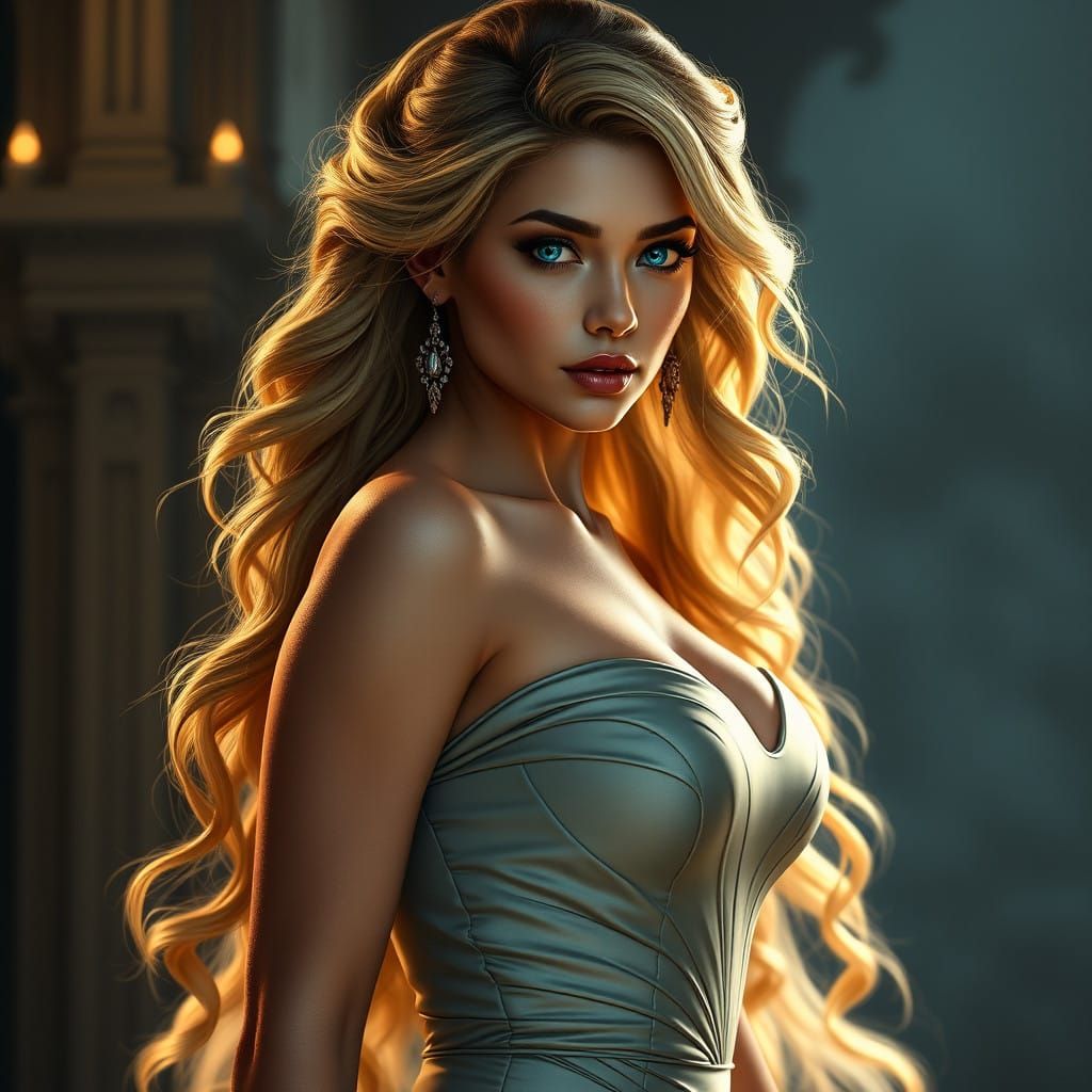 Regal Sapphire-Eyed Woman in Ethereal, Fantasy Gown