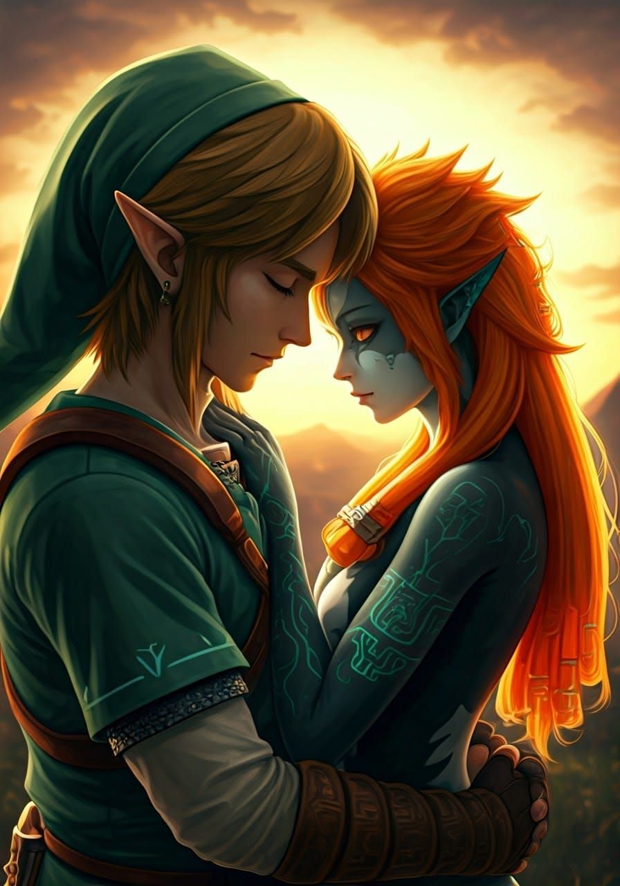 Link and Midna Embrace in Twilight, Hyperrealistic Photo