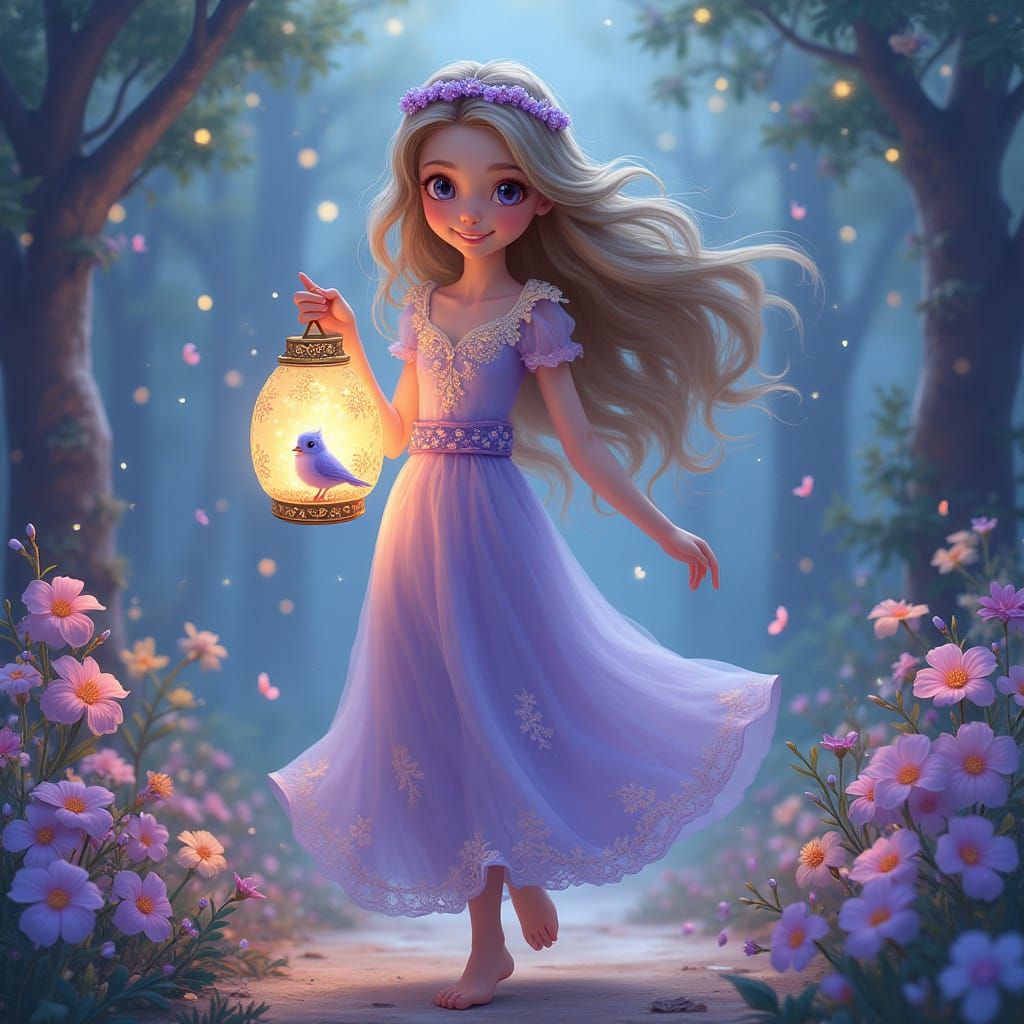 Enchantress with Lantern in Dreamlike Floral Scene