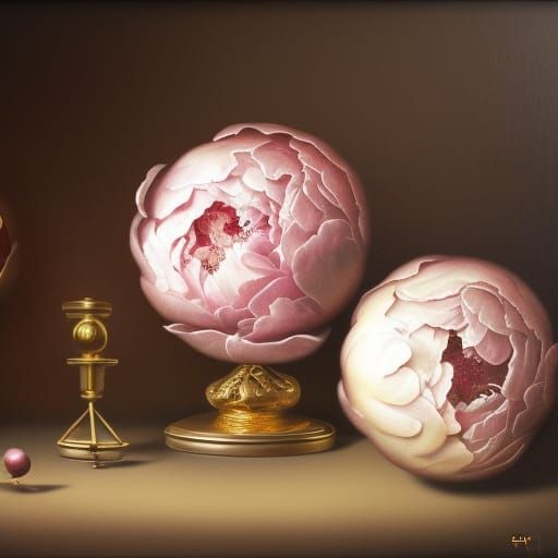 Golden Spheres and Peonies Still Life