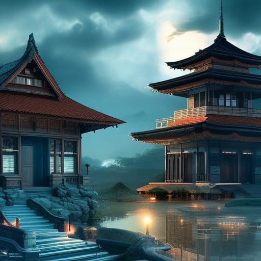 Majestic Japanese Temple at Sunrise: Digital Matte Painting