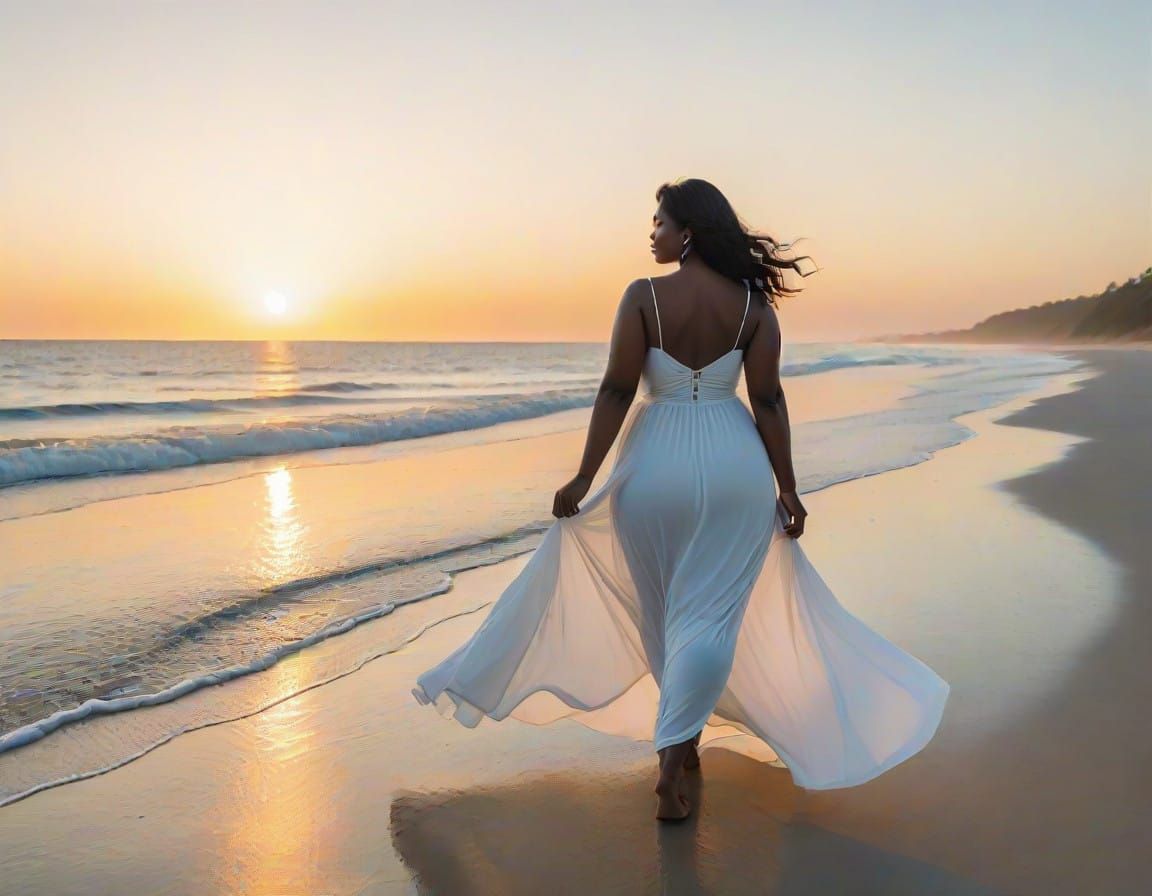 Ethereal Sunrise Goddess Strolls Beach
