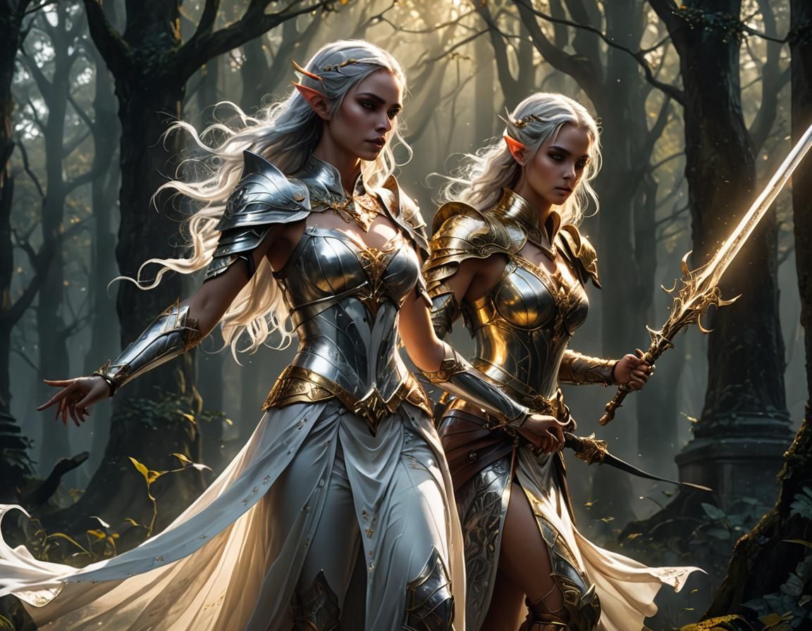 Elf Warrior Strikes Creature in Gothic Fantasy Art