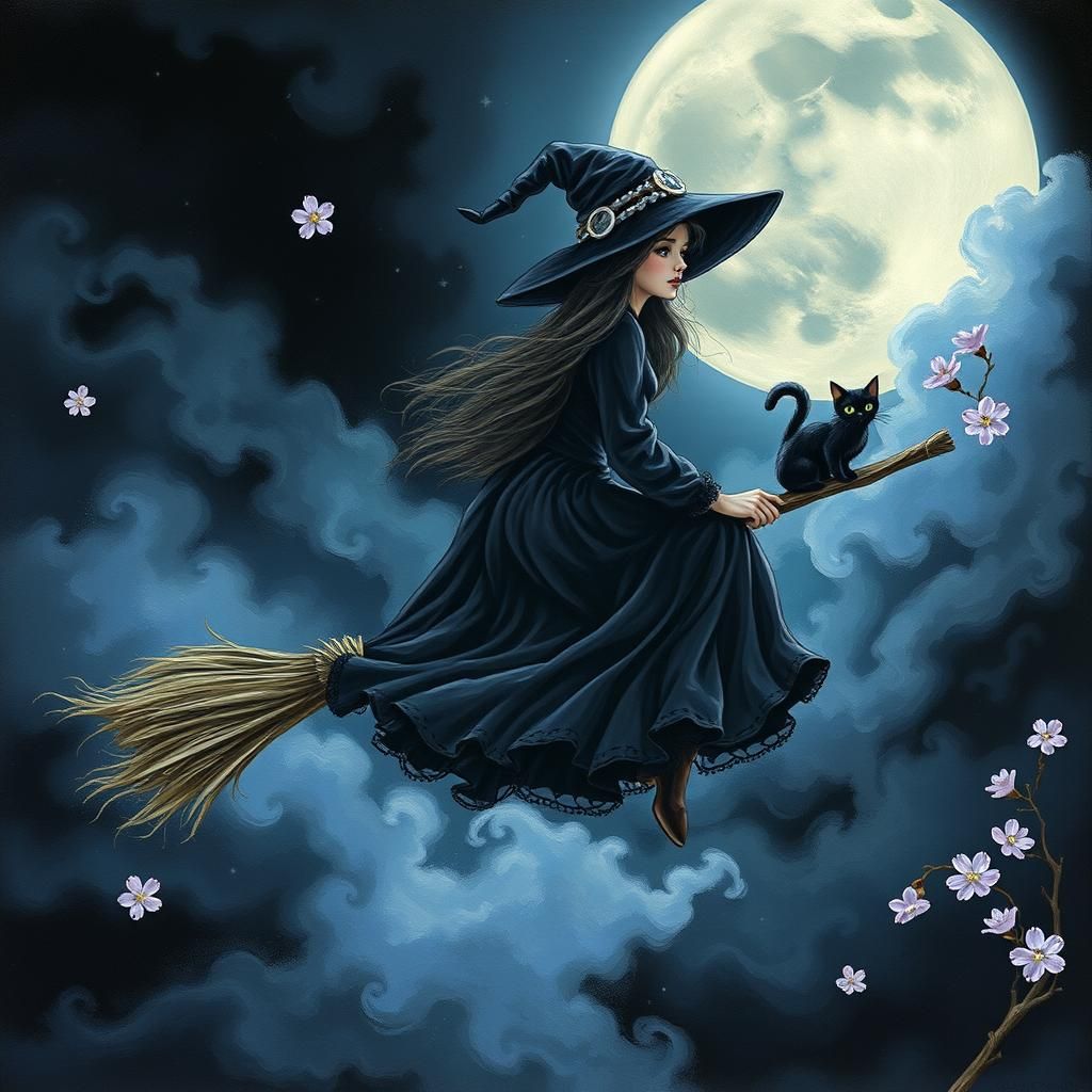 Whimsical Witch and Cat in Mystical Night Sky