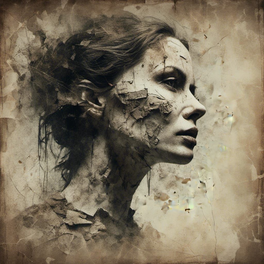 Surreal Woman Portrait with Ethereal Paper Fragments