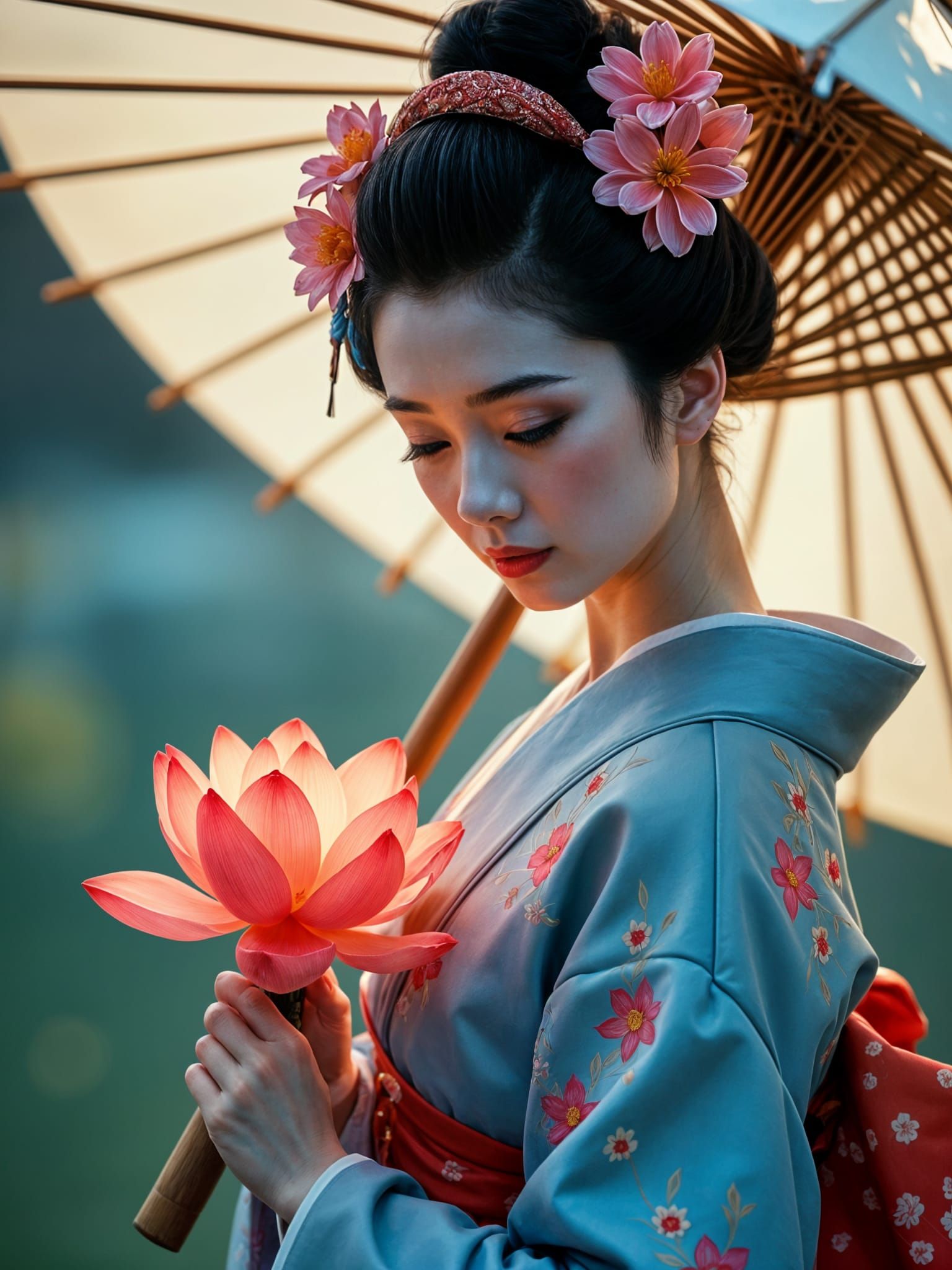 Geisha with Lotus in Ethereal Japanese Portrait