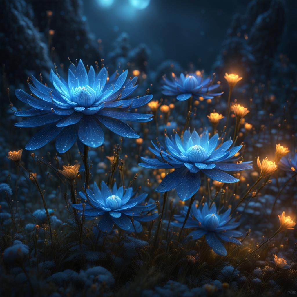 Mystical Blue Flower with Fireflies: Fantasy Art