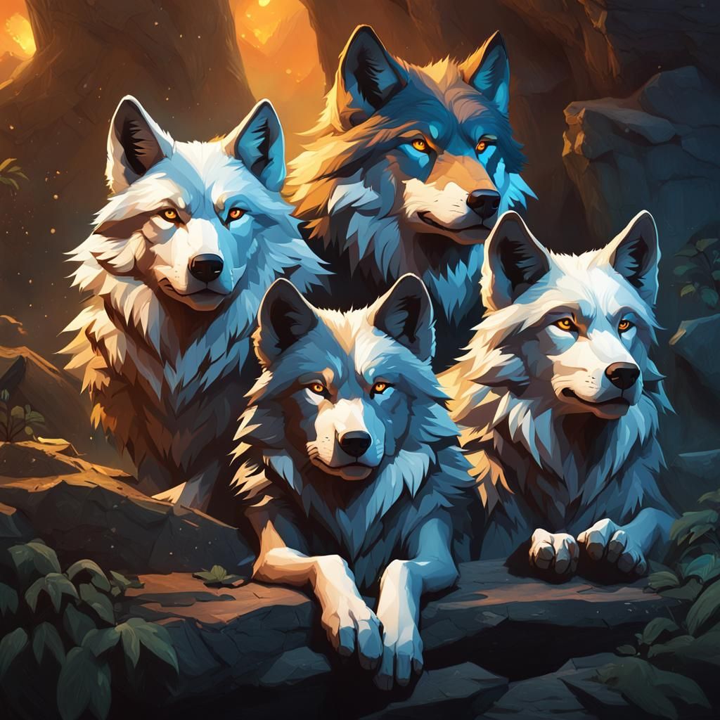 Wolves in Den: Hyperdetailed Portrait in Art Nouveau Style