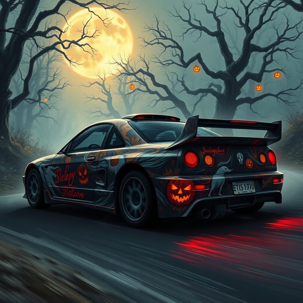 rally car wrapped in "sleepy hollow" artwork