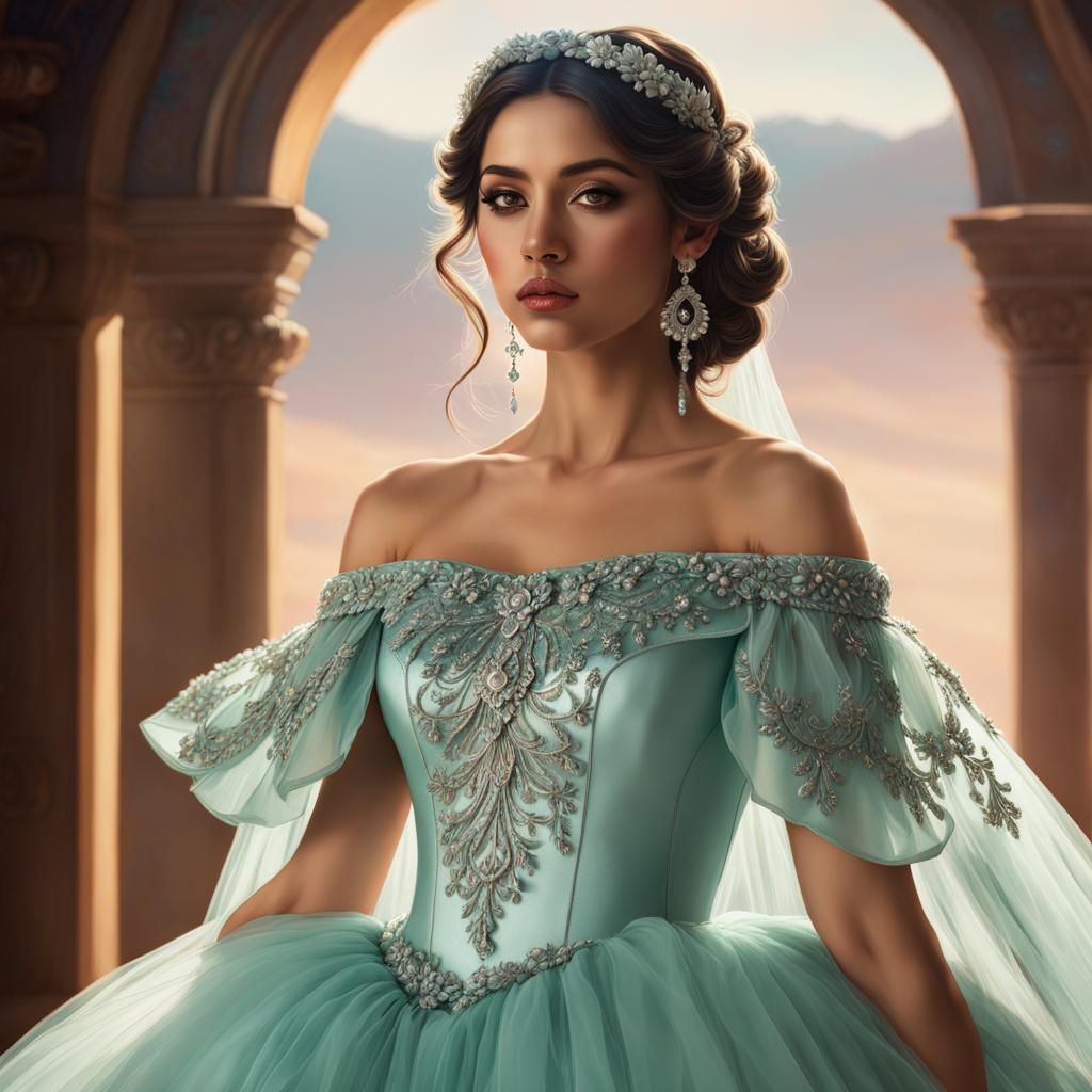 Mexican Girl in Seafoam Gown: Digital Art Portrait