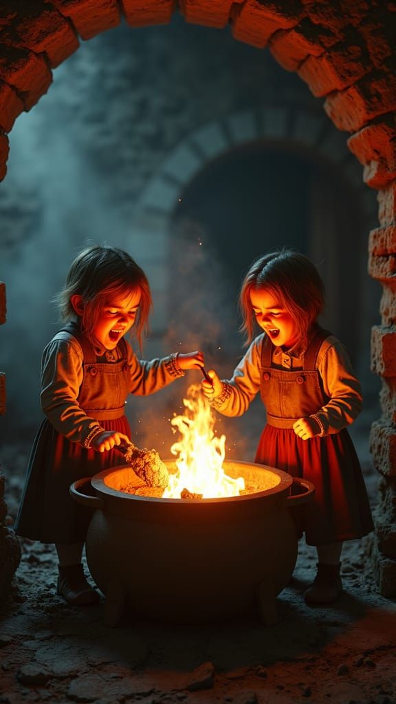 Cruel Hansel and Gretel in Witch's Cottage