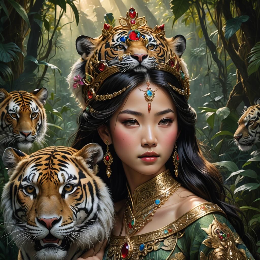 Determined Asian Princess with Tiger in Jungle