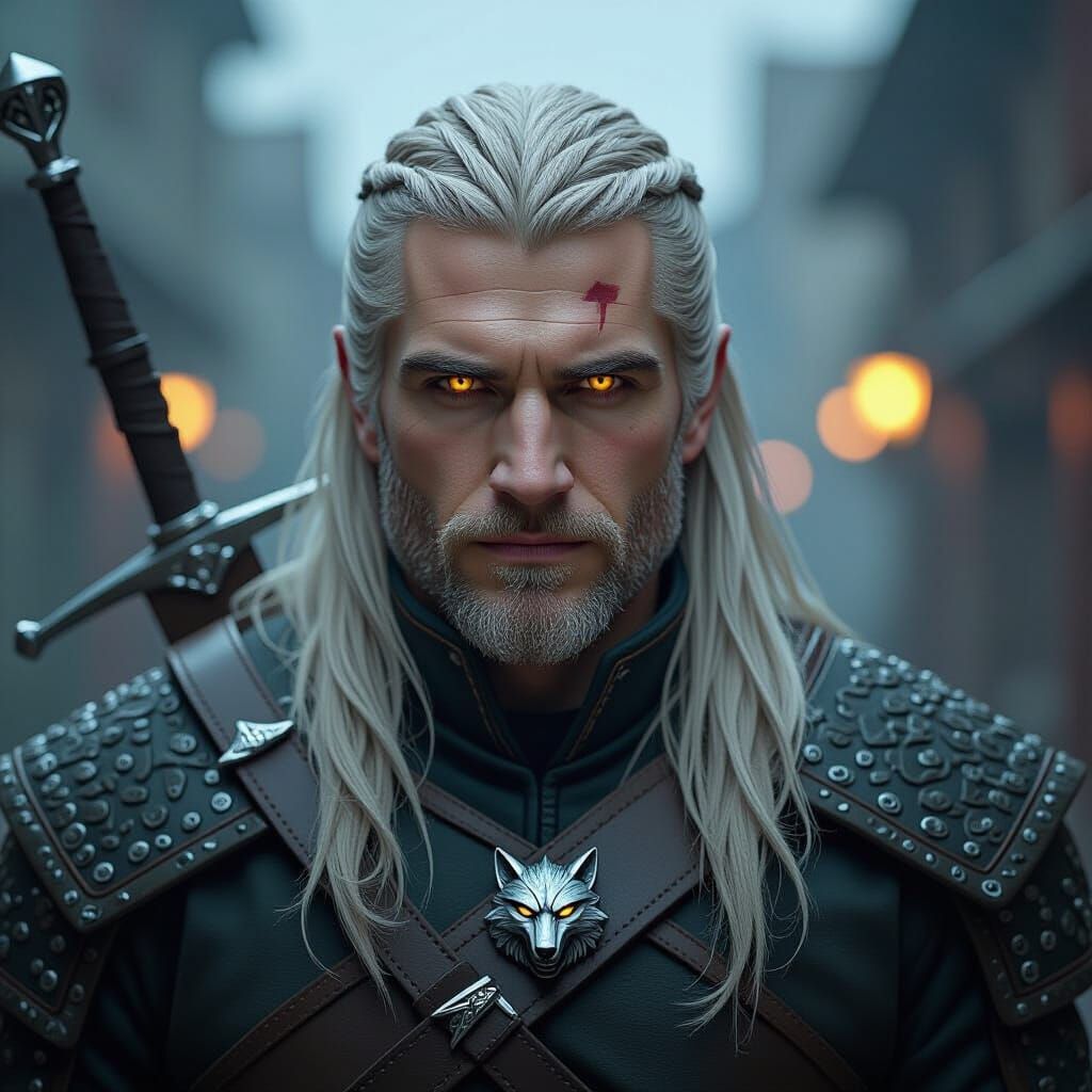 Liam as Geralt of Rivia in Dark Fantasy Style